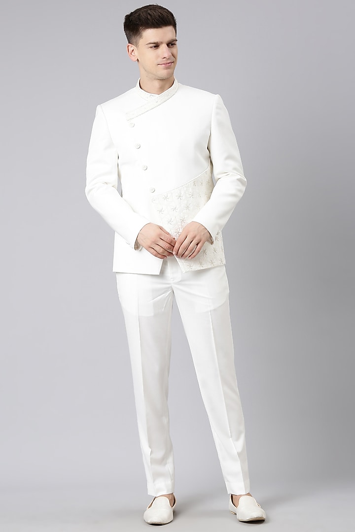 Off-White Polyester Overlap Bandhgala Jacket Set by The Ethnic Co