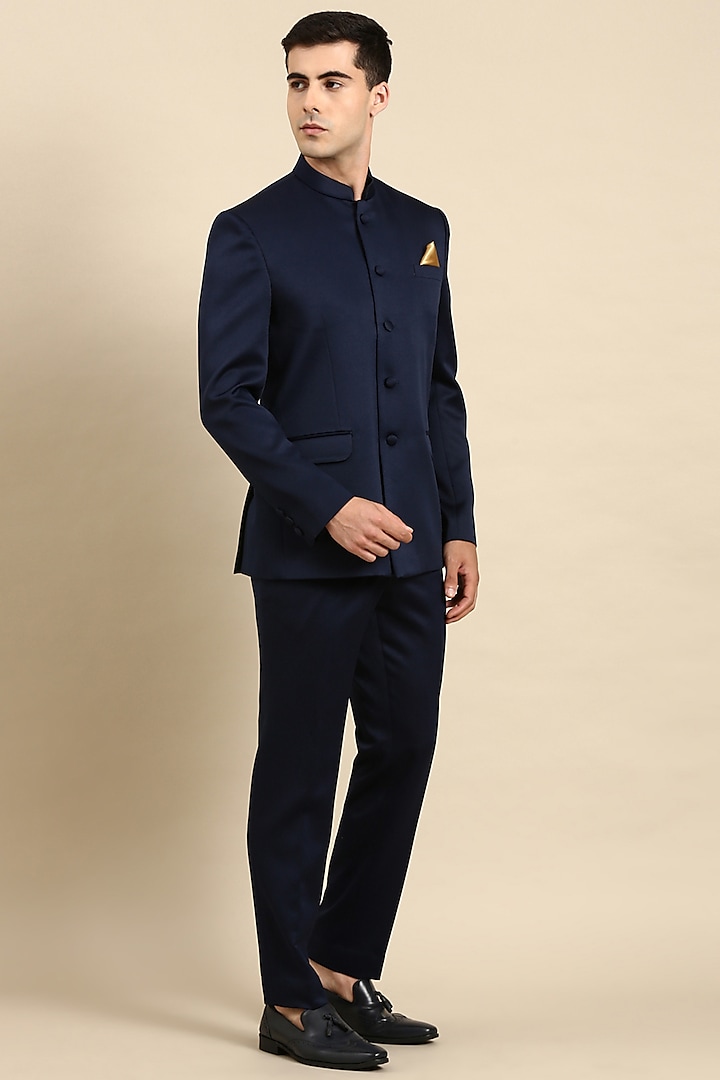 Navy Blue Art Silk Bandhgala Jacket Set by The Ethnic Co at Pernia's Pop Up Shop