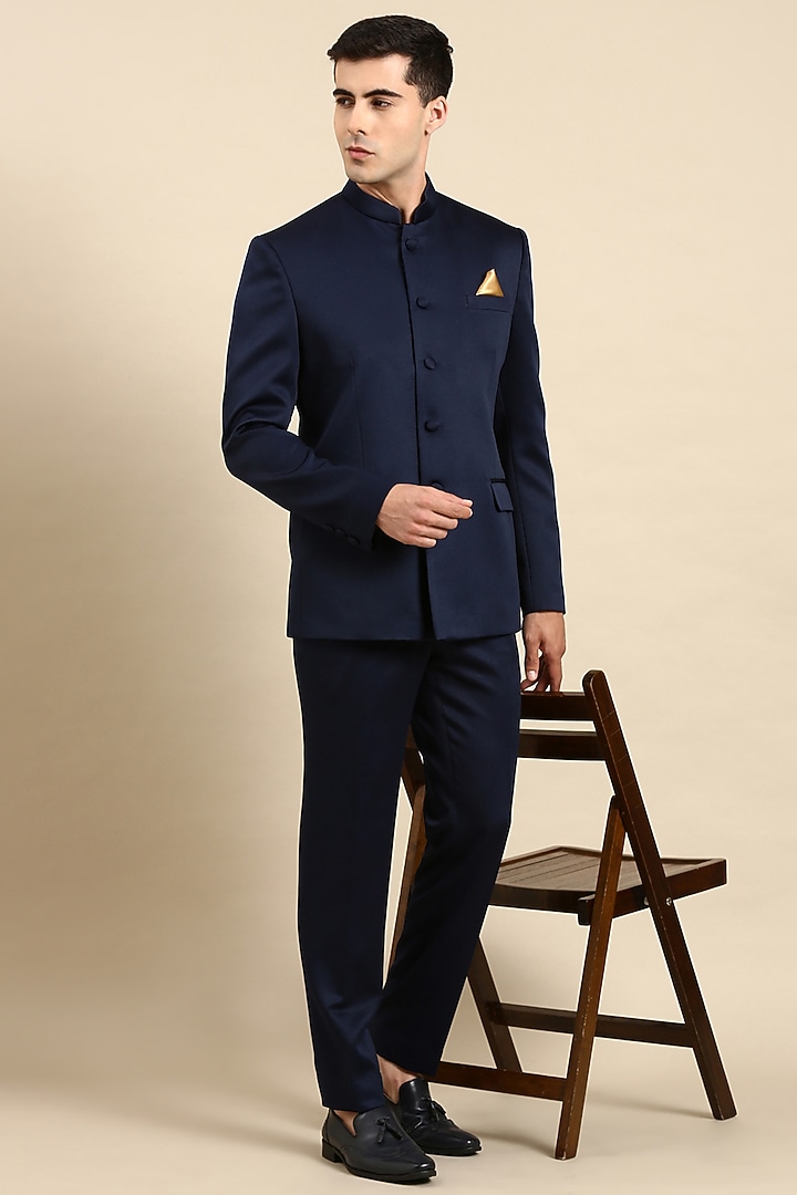 Navy Blue Art Silk Bandhgala Jacket Set by The Ethnic Co at Pernia's Pop Up Shop