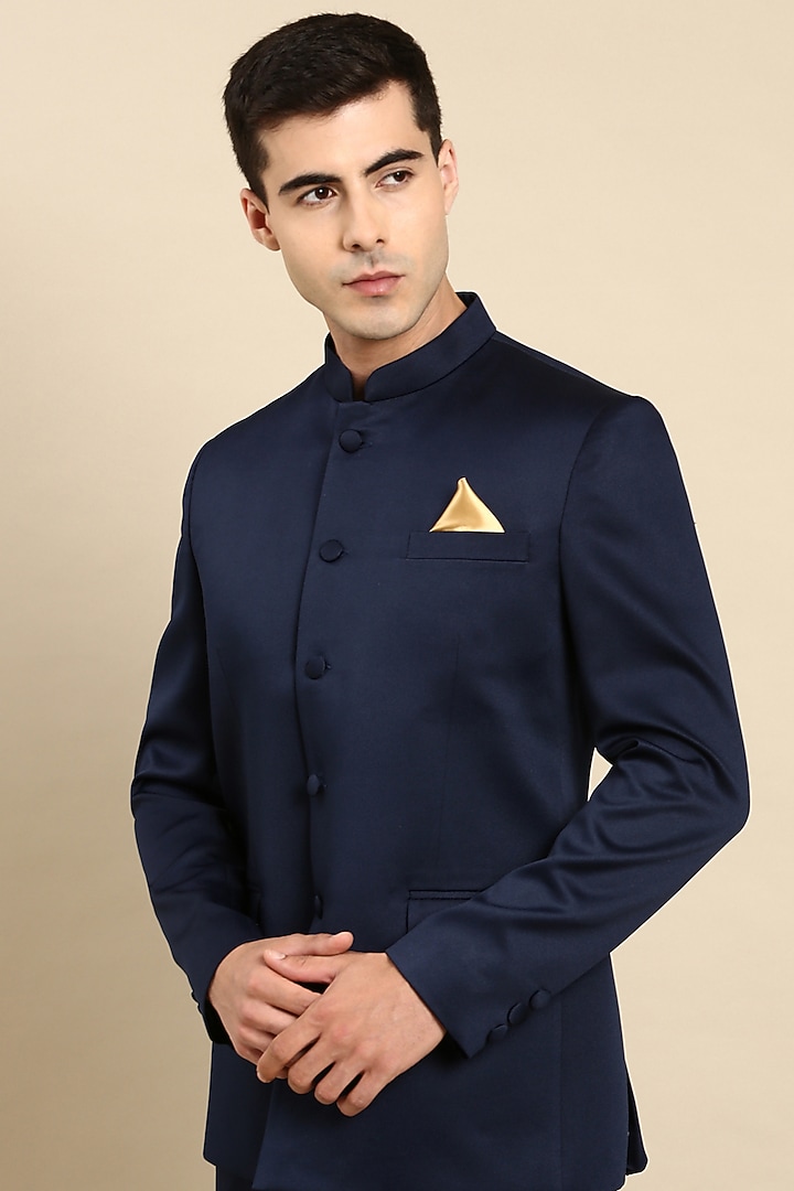 Navy Blue Art Silk Bandhgala Jacket Set by The Ethnic Co at Pernia's Pop Up Shop
