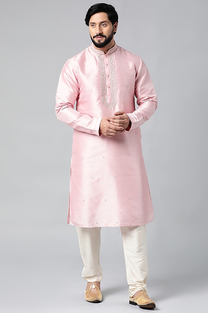 Baby Pink Art Silk Mirror Embroidered Kurta Set by The Ethnic Co at Pernia's Pop Up Shop