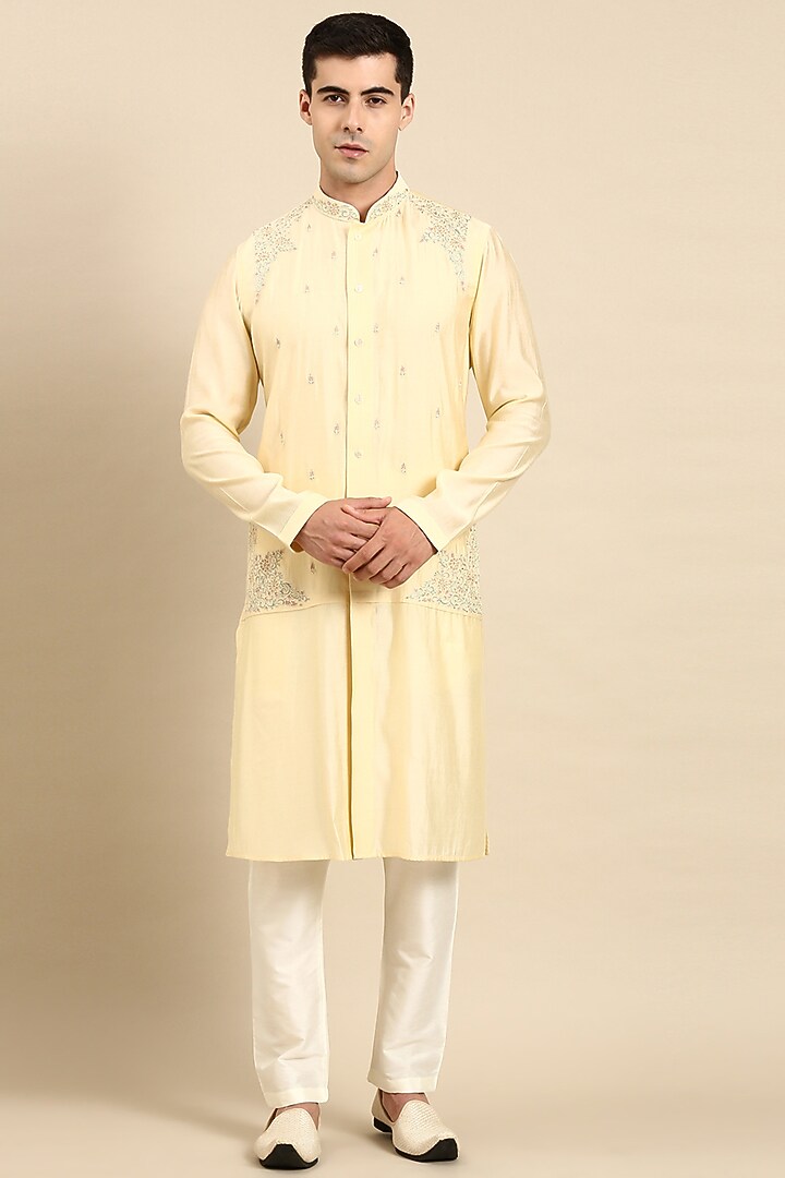 Cream Art Silk Embroidered Kurta Set by The Ethnic Co at Pernia's Pop Up Shop