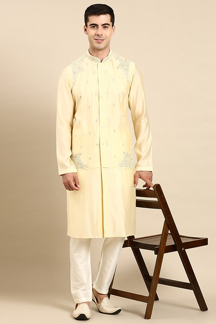 Cream Art Silk Embroidered Kurta Set by The Ethnic Co at Pernia's Pop Up Shop