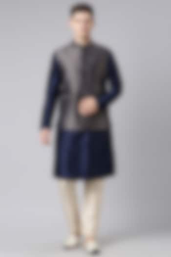 Midnight Blue Banarasi Brocade Nehru Jacket Set by The Ethnic Co