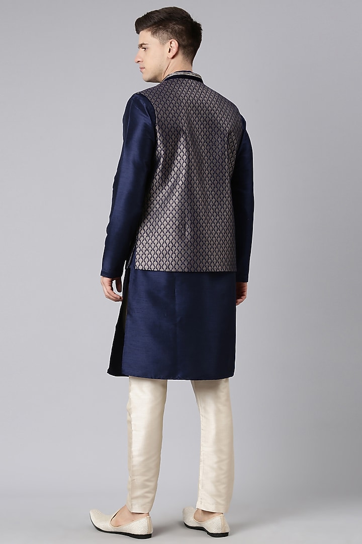 Midnight Blue Banarasi Brocade Nehru Jacket Set by The Ethnic Co at Pernia's Pop Up Shop