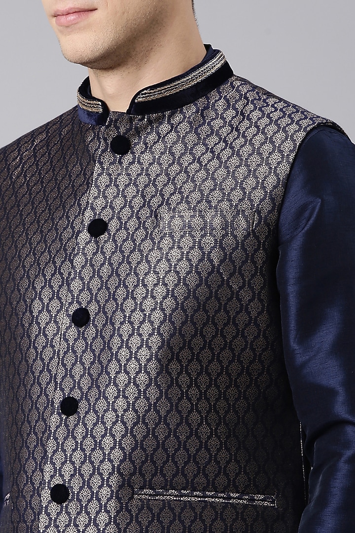 Midnight Blue Banarasi Brocade Nehru Jacket Set by The Ethnic Co at Pernia's Pop Up Shop