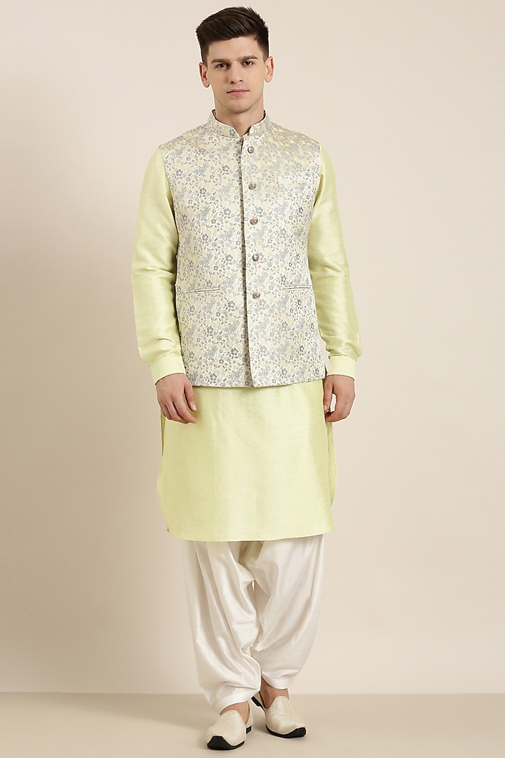 Pastel Green Jacquard Nehru Jacket Set by The Ethnic Co