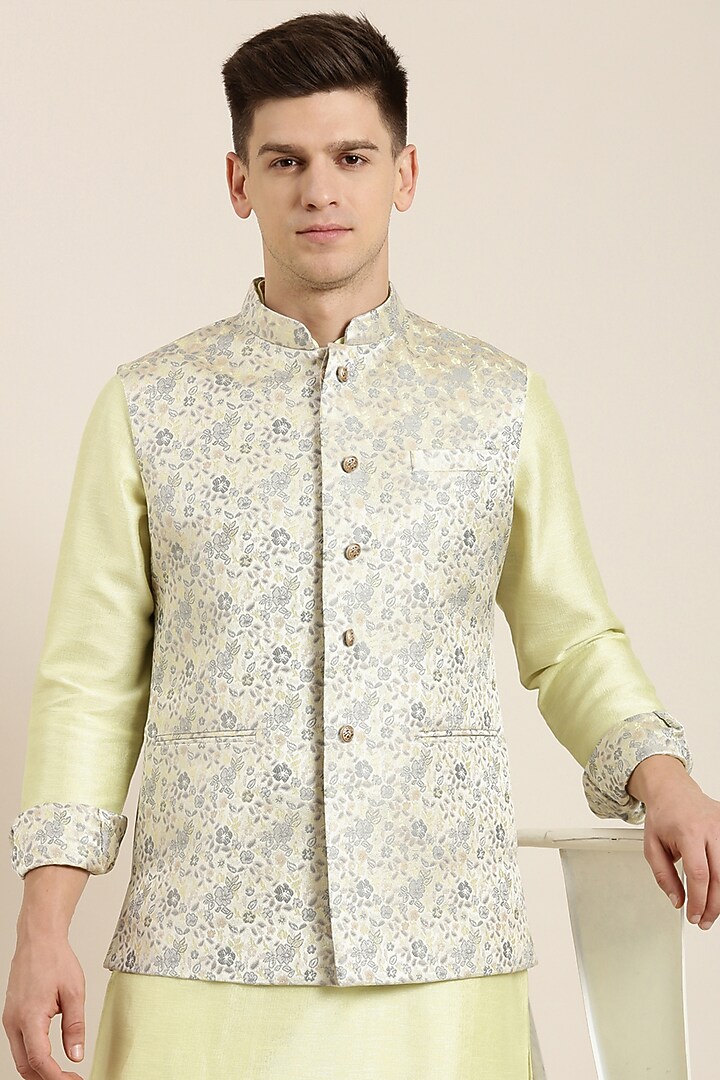 Pastel Green Jacquard Nehru Jacket Set by The Ethnic Co at Pernia's Pop Up Shop