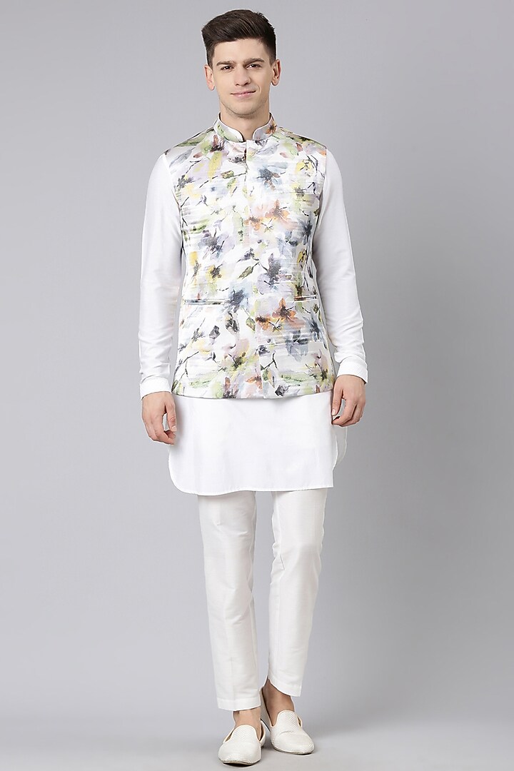 Multi-Colored Satin Printed Nehru Jacket Set by The Ethnic Co at Pernia's Pop Up Shop