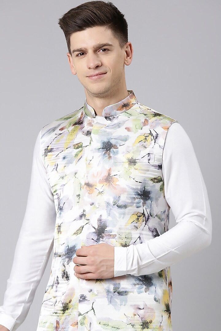 Multi-Colored Satin Printed Nehru Jacket Set by The Ethnic Co at Pernia's Pop Up Shop