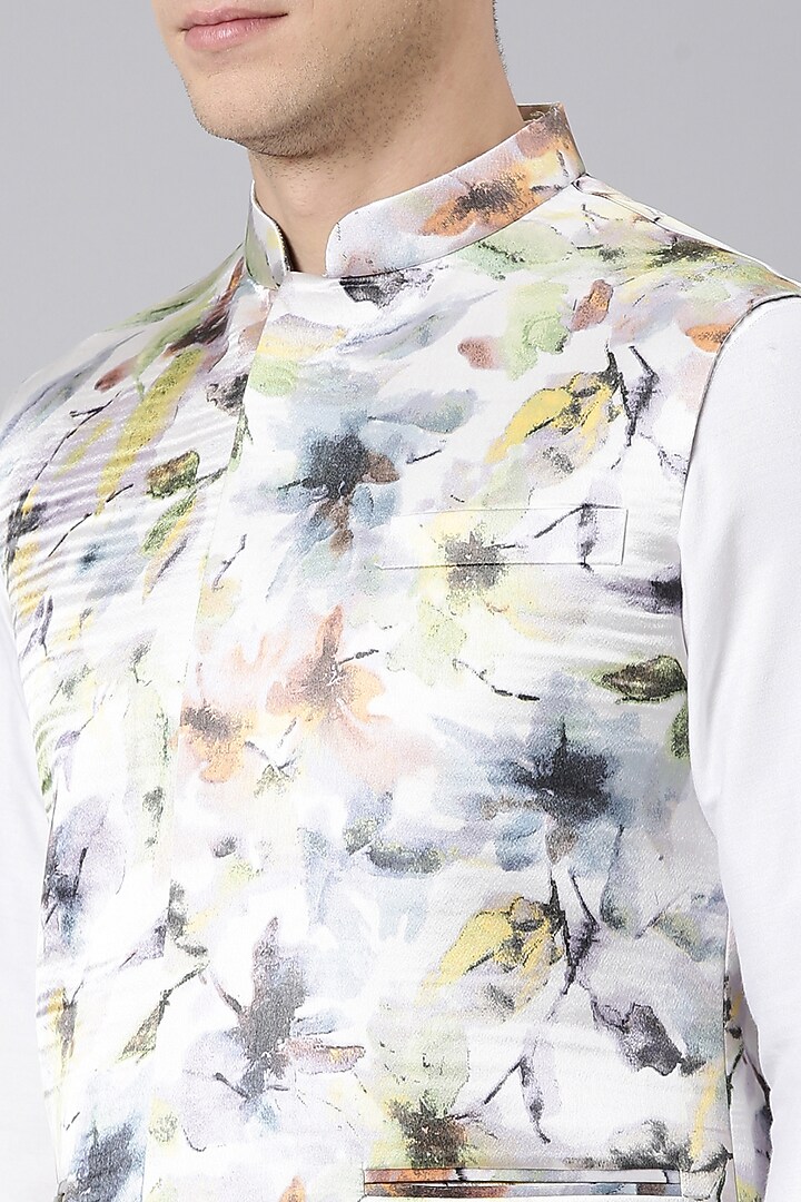 Multi-Colored Satin Printed Nehru Jacket Set by The Ethnic Co at Pernia's Pop Up Shop