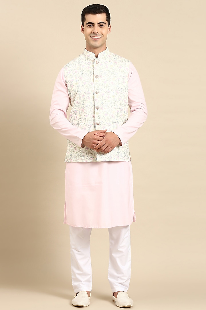 Lime Green Cotton Linen Nehru Jacket Set by The Ethnic Co