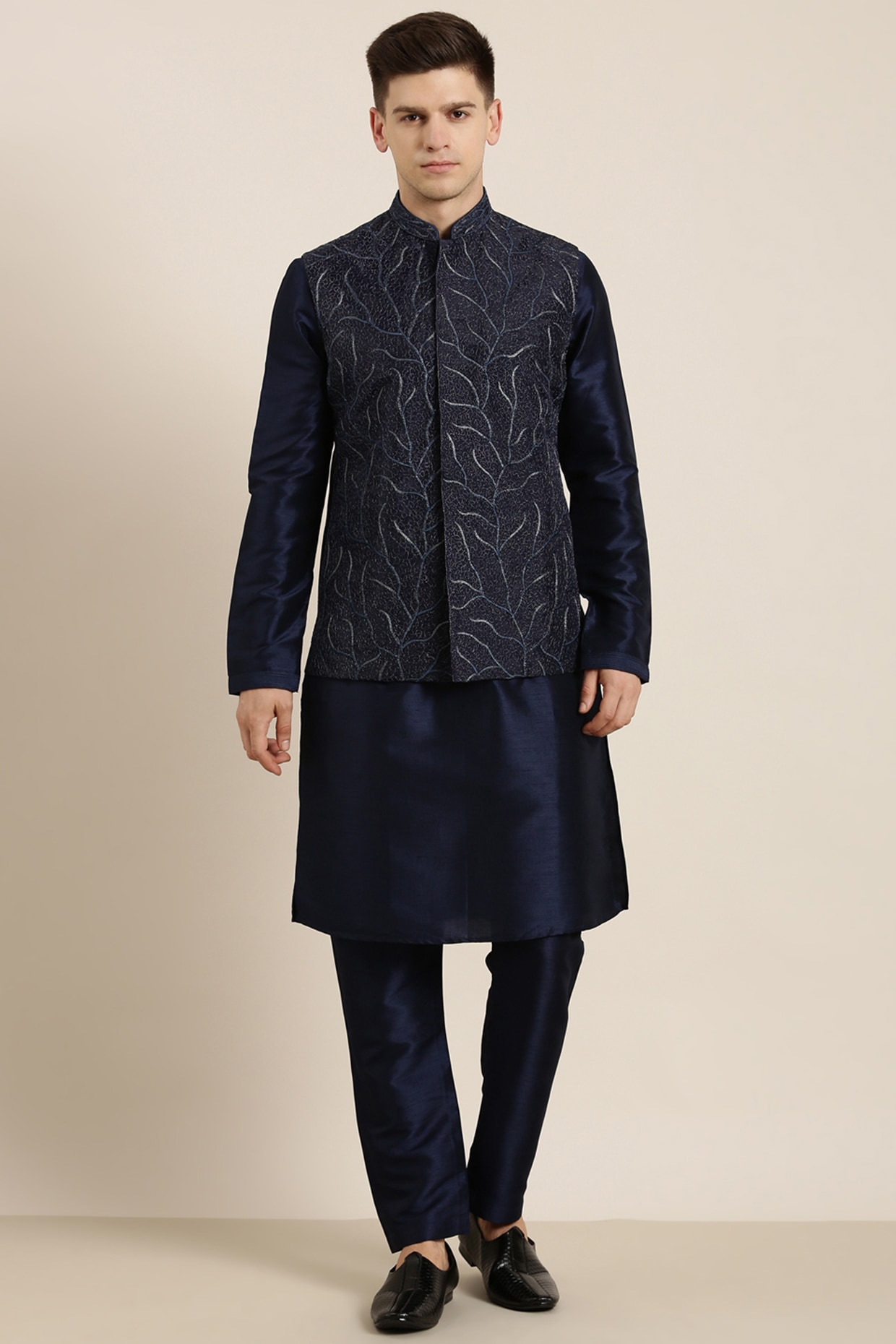 Navy Blue Organza Embroidered Nehru Jacket Set by The Ethnic Co at Pernia s Pop Up Shop