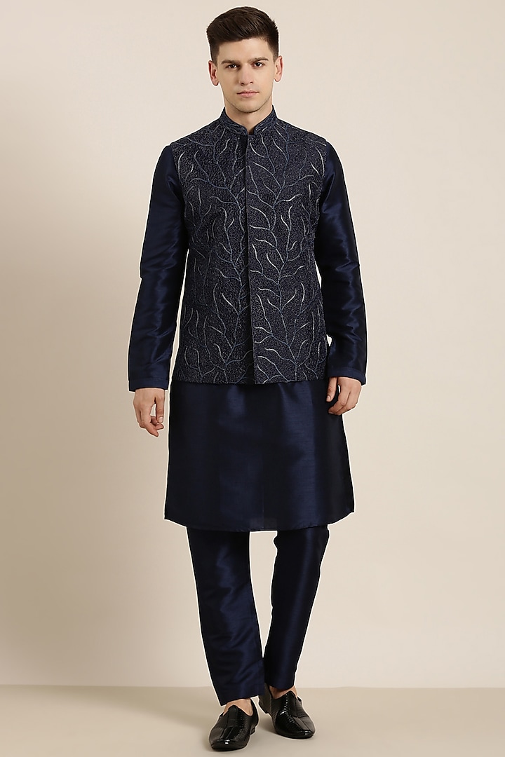 Navy Blue Organza Embroidered Nehru Jacket Set by The Ethnic Co