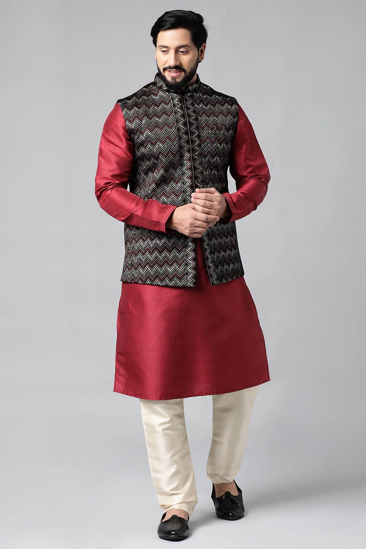 Jade Black Designer Velvet Sequin And Thread Embroidered Textured Premium  Polyester Designer Nehru Jacket For Men.