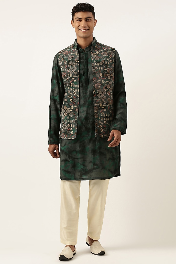 Green Silk Cotton Bundi Jacket Set by The Ethnic Co