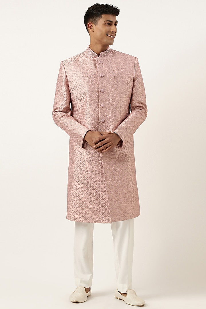 Pink Silk Cotton Embroidered Achkan Set by The Ethnic Co