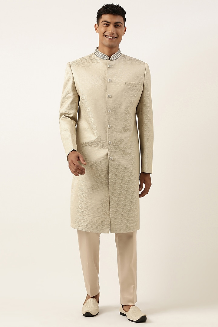 Beige & Gold Jacquard Achkan Set by The Ethnic Co