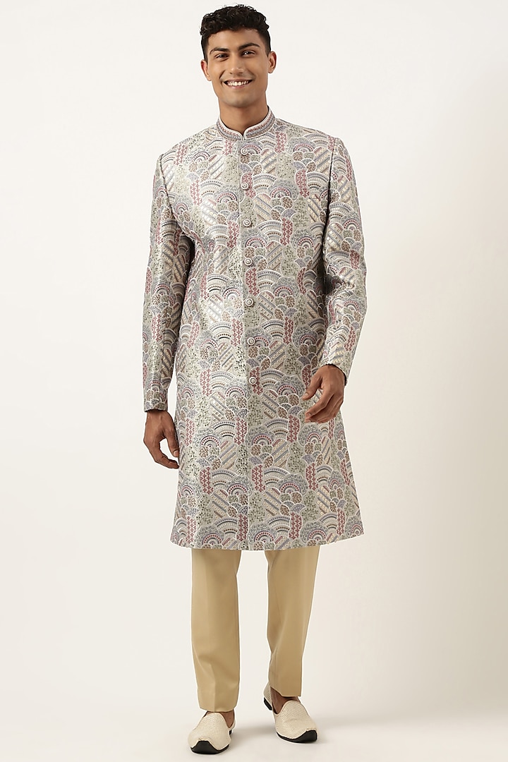 Grey Silk Embroidered Indowestern Set by The Ethnic Co