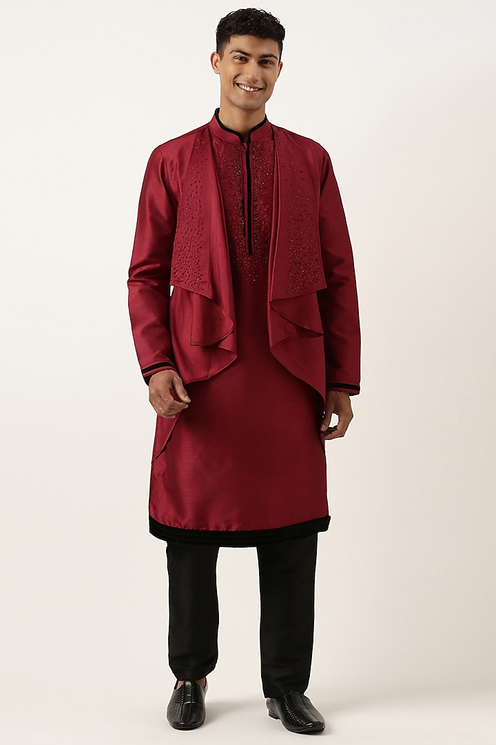 Maroon Ombre Silk Polyester Layered Kurta Set by The Ethnic Co