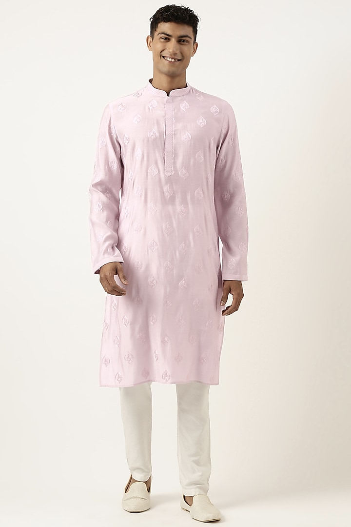 Lavender Silk Polyester Embroidered Kurta Set by The Ethnic Co