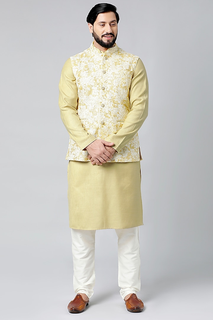 Mustard Silk Cotton Textured Bundi Jacket Set by The Ethnic Co