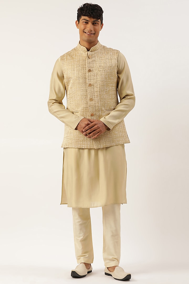 Gold Silk Cotton Textured Bundi Jacket Set by The Ethnic Co