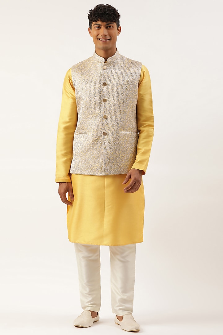 Grey Silk Cotton Textured Bundi Jacket Set by The Ethnic Co