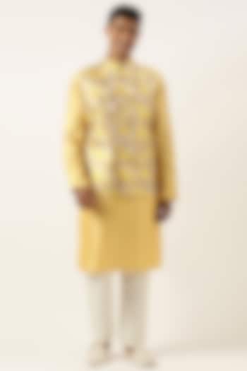 Yellow Jacquard Floral Bundi Jacket Set by The Ethnic Co at Pernia's Pop Up Shop