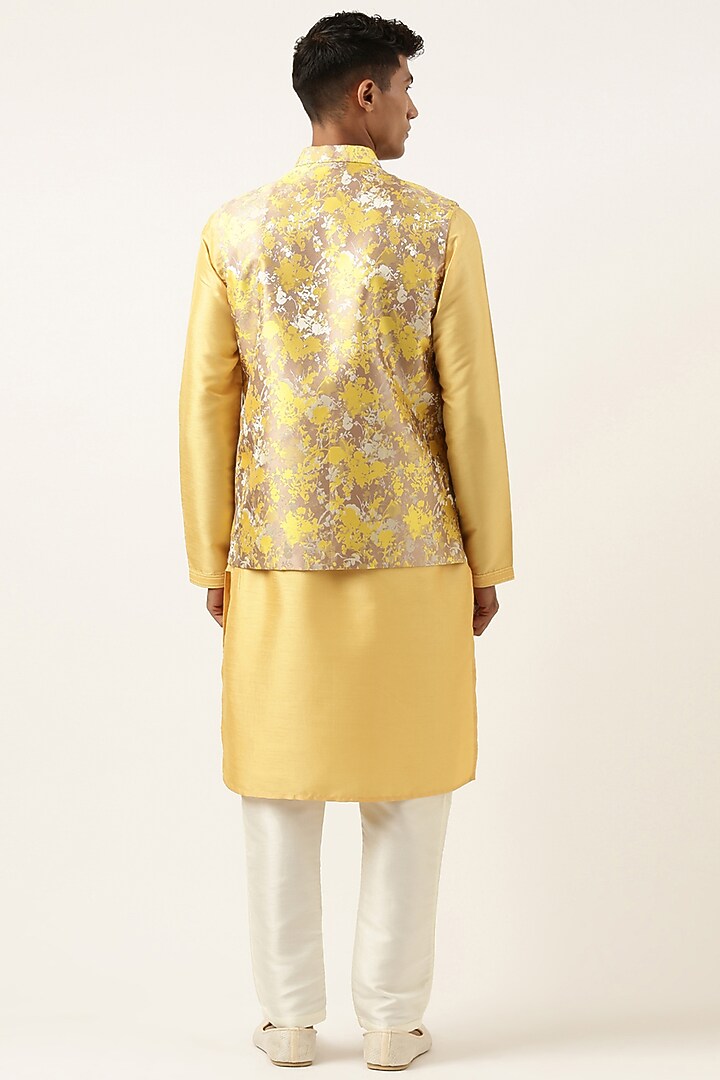 Yellow Jacquard Floral Bundi Jacket Set by The Ethnic Co at Pernia's Pop Up Shop