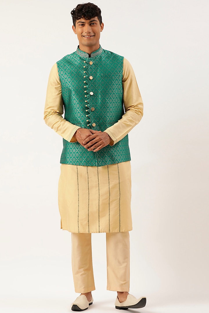 Sea Green Silk Cotton Bundi Jacket Set by The Ethnic Co