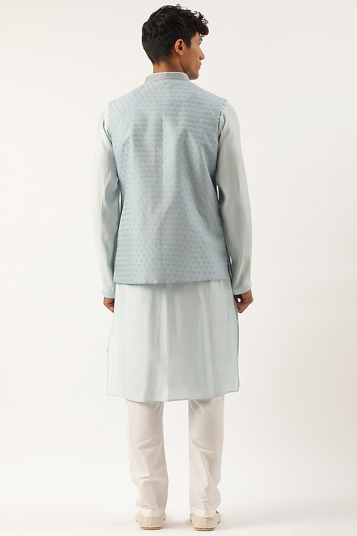Light Blue Banarasi Jacquard Bundi Jacket Set by The Ethnic Co at Pernia's Pop Up Shop
