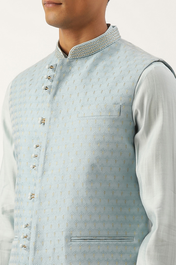 Light Blue Banarasi Jacquard Bundi Jacket Set by The Ethnic Co at Pernia's Pop Up Shop