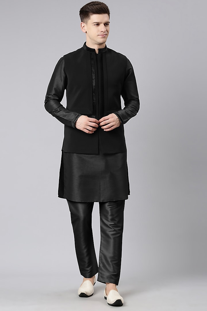 Black Silk Cotton Bundi Jacket Set by The Ethnic Co