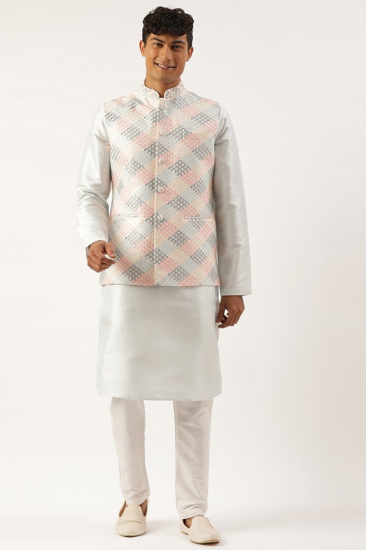 Cream Silk Cotton Embroidered Bundi Jacket Set by The Ethnic Co at Pernia's Pop Up Shop