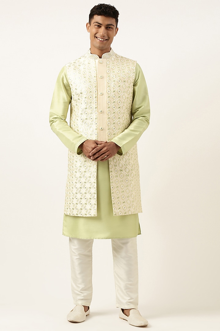 Cream Silk Cotton Embroidered Indowestern Set by The Ethnic Co at Pernia's Pop Up Shop
