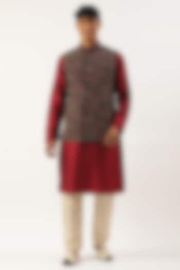 Charcoal Grey Printed Bundi Jacket Set by The Ethnic Co