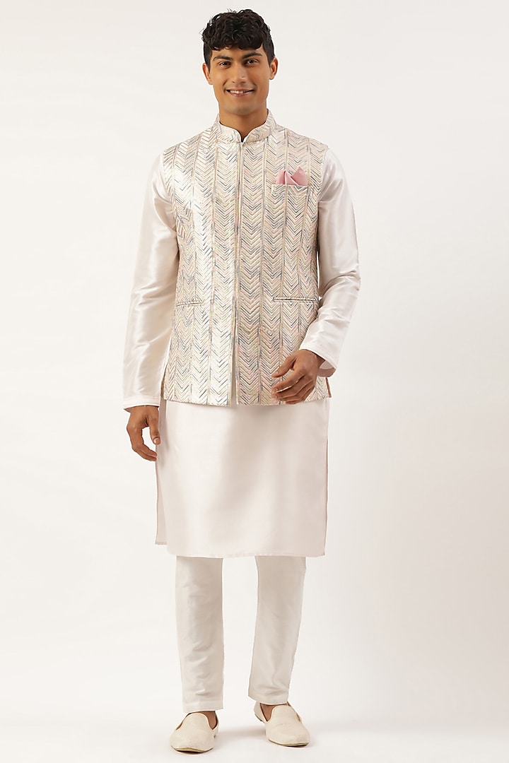 White Silk Cotton Embroidered Bundi Jacket Set by The Ethnic Co at Pernia's Pop Up Shop