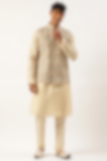 Grey & Beige Silk Cotton Printed Bundi Jacket Set by The Ethnic Co