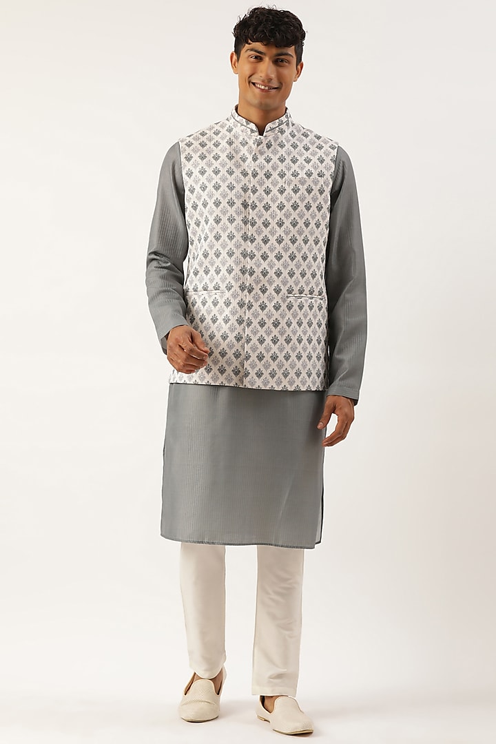 Grey Cotton Printed Bundi Jacket Set by The Ethnic Co