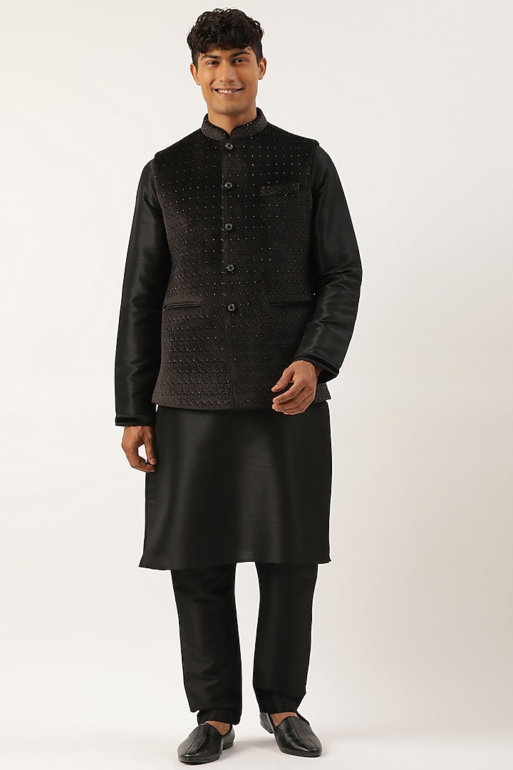 Black Velvet Quilted Bundi Jacket Set by The Ethnic Co