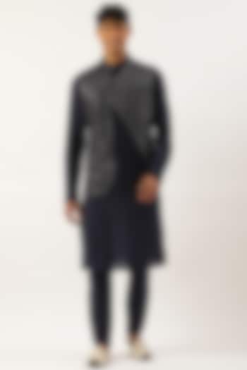 Navy Blue Silk Cotton Embroidered Bundi Jacket Set by The Ethnic Co at Pernia's Pop Up Shop