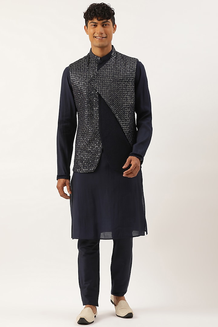 Navy Blue Silk Cotton Embroidered Bundi Jacket Set by The Ethnic Co at Pernia's Pop Up Shop