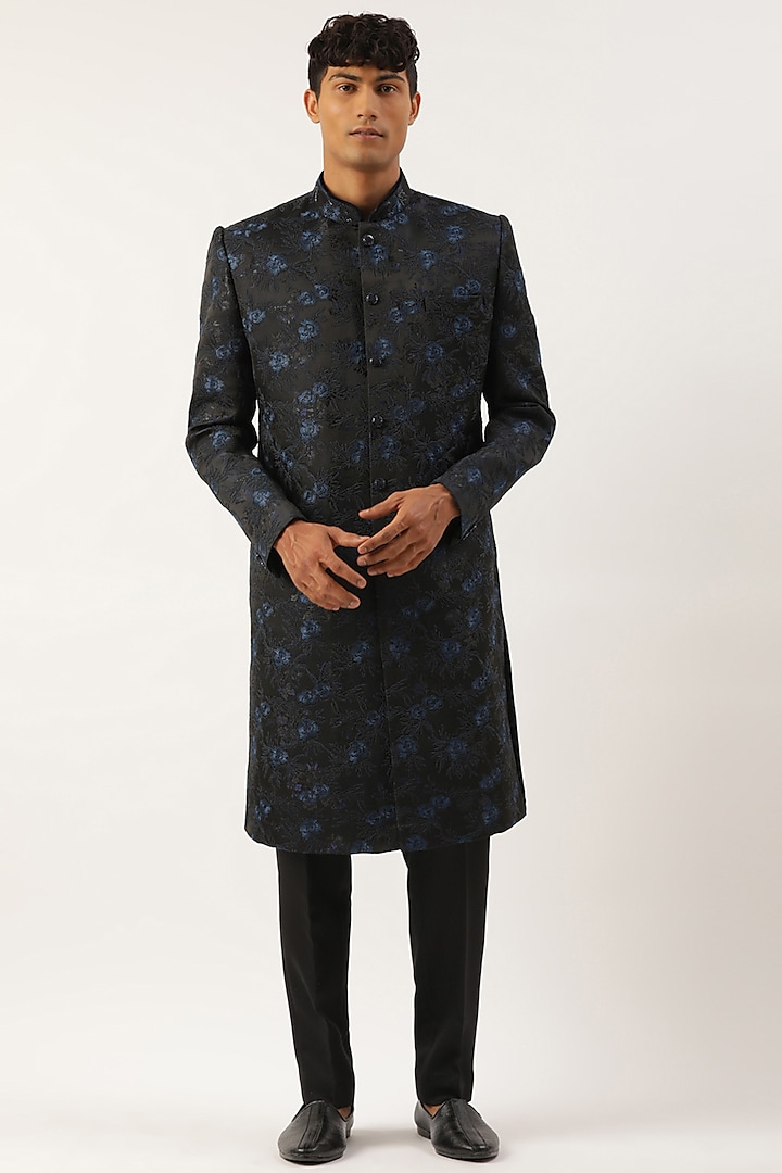 Navy Blue Silk Cotton Embroidered Indowestern Set by The Ethnic Co