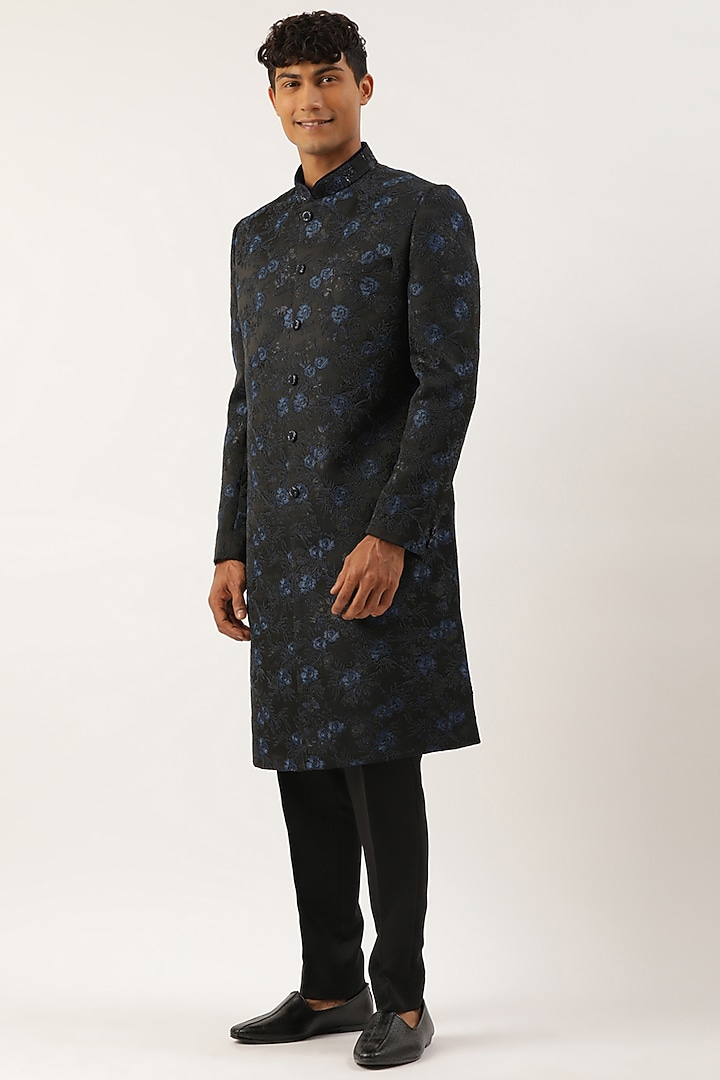Navy Blue Silk Cotton Embroidered Wedding Indowestern Set by The Ethnic Co at Pernia's Pop Up Shop