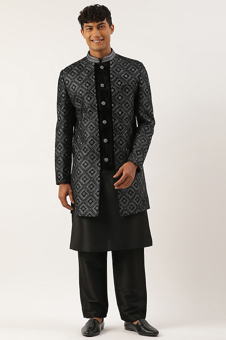 Black Velvet Embroidered Indowestern Set by The Ethnic Co