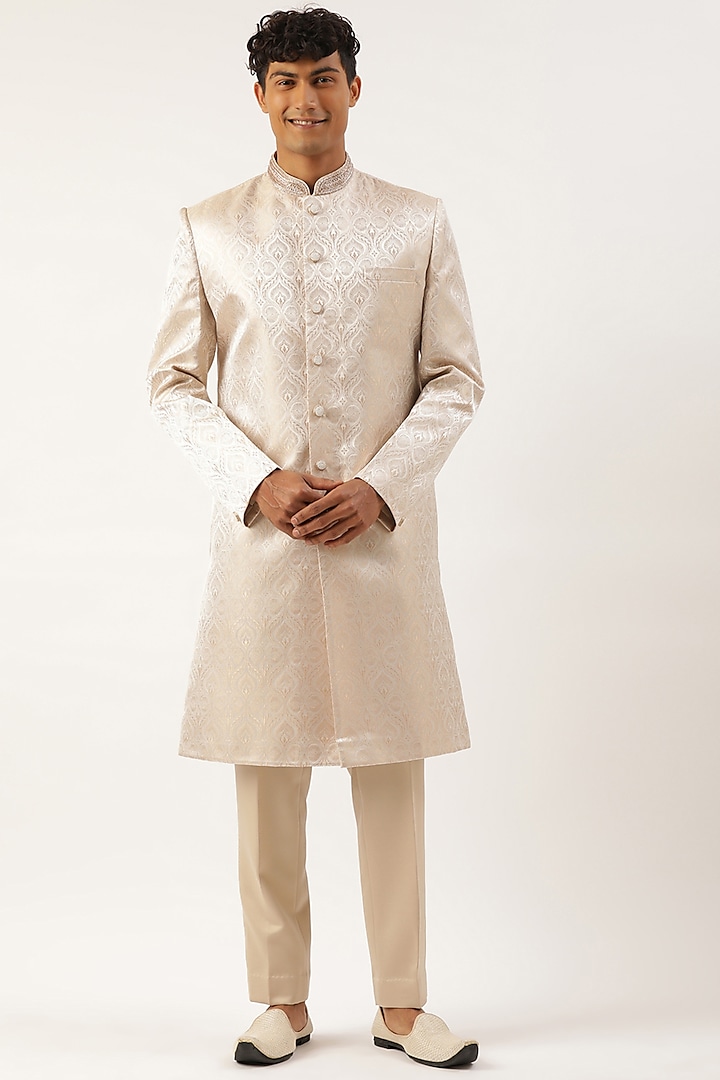 Ivory Gold Jacquard Achkan Jacket Set by The Ethnic Co at Pernia's Pop Up Shop