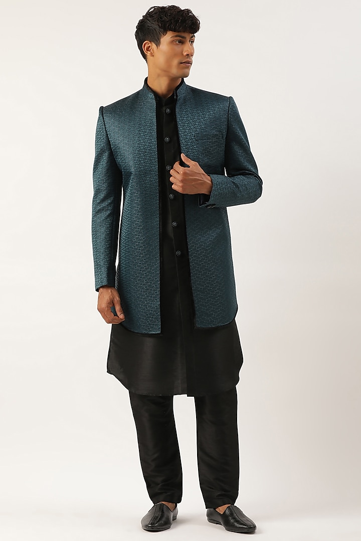 Teal Jacquard Open Indowestern Set by The Ethnic Co