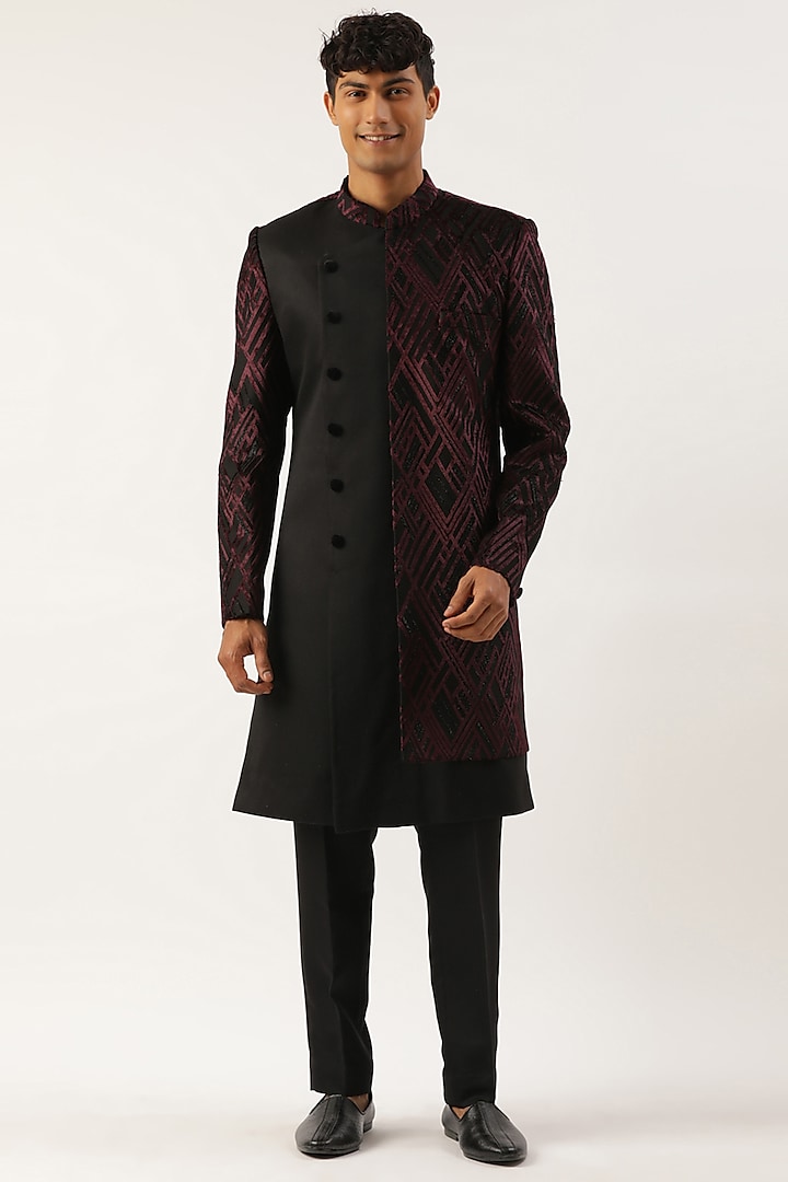 Wine Velvet Layered Angrakha Indowestern Set by The Ethnic Co