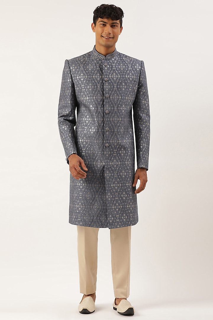 Grey Silk Embroidered Indowestern Set by The Ethnic Co